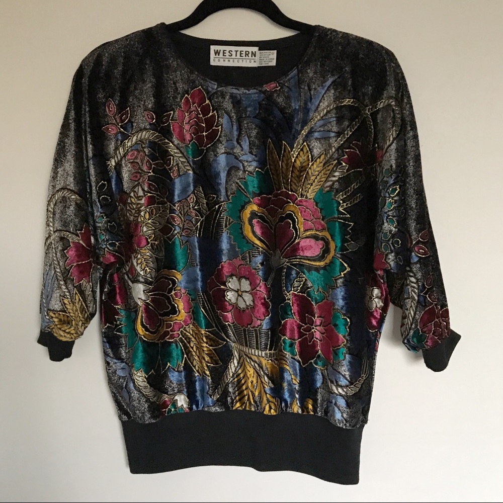 Vintage Western Connection Floral Metallic Velvet Top Size Medium Retro Boho